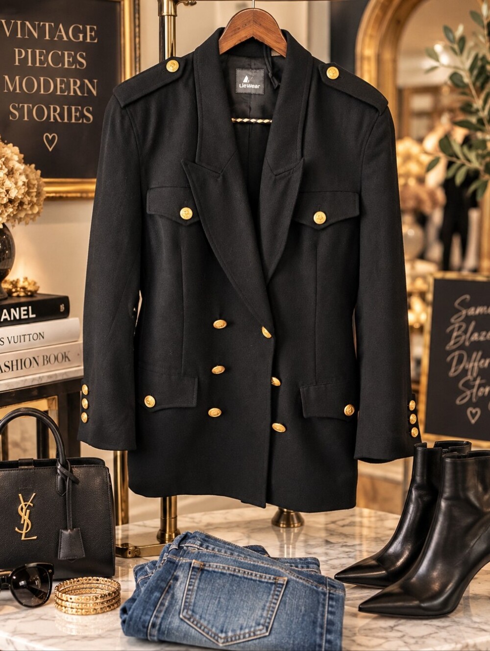 Vintage Black Double-Breasted Military Blazer with Gold Buttons Size 8 Medium